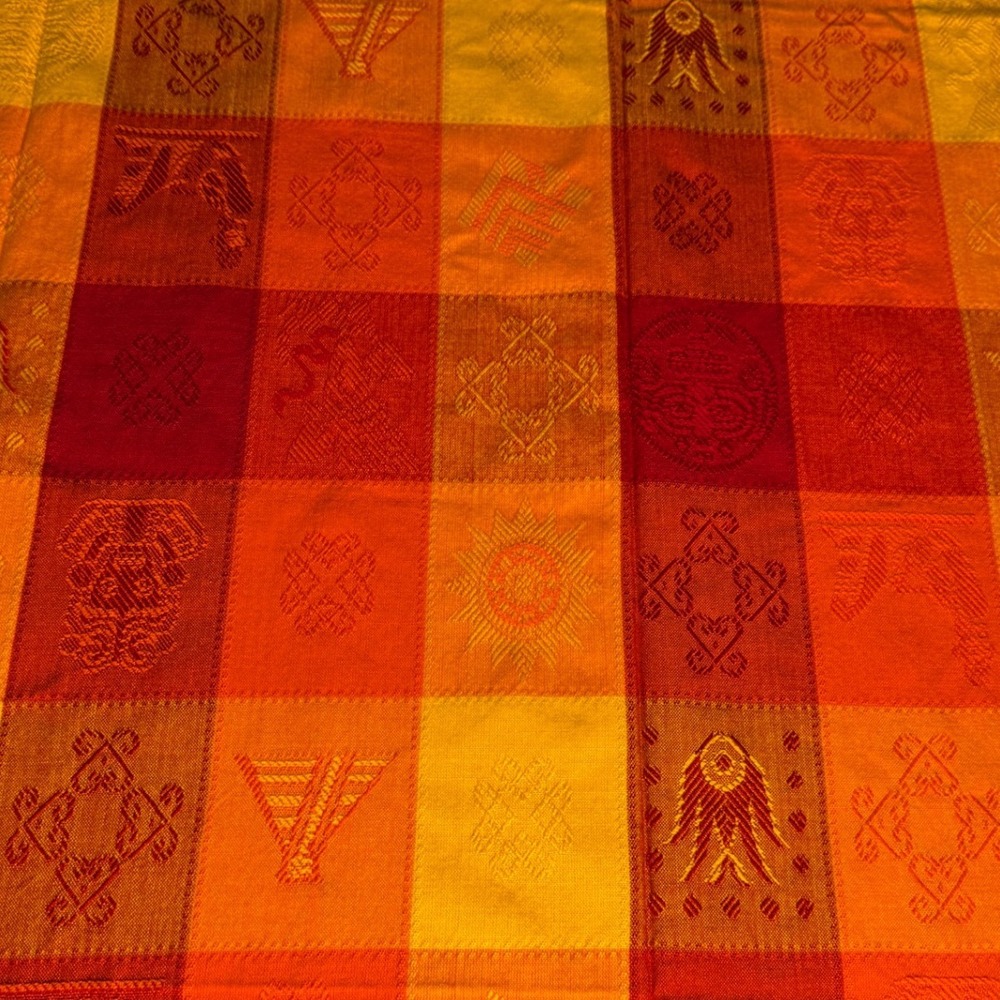 Vintage Mayan Incan Andean Style Woven Tablecloth Orange Red Gold Fringe